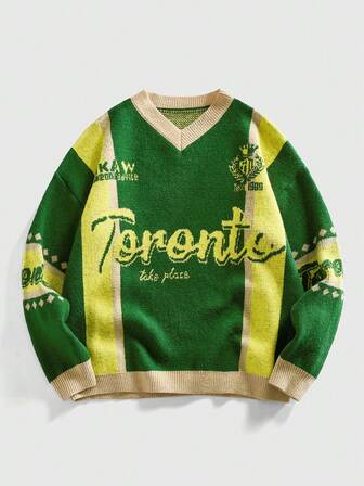 Pull tricoté à col en V inspiré du football pour hommes