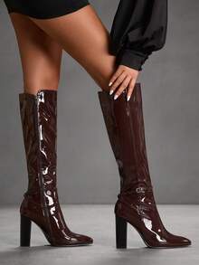 CUCCOO SZL 女士时尚英伦风骑马靴，性感尖头搭扣粗跟修身高筒过膝礼服靴 - 咖啡棕 - 查看 3