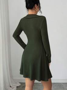 Selianne Women's Autumn New Knitted Long Sleeve Sexy Ribbed Dress - Dark Green - View 3