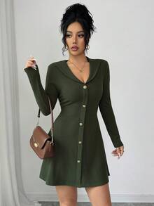 Selianne Women's Autumn New Knitted Long Sleeve Sexy Ribbed Dress - Dark Green - View 5