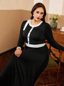 Auvina 大码女式时尚优雅撞色连衣裙 - 黑與白 - 查看 1