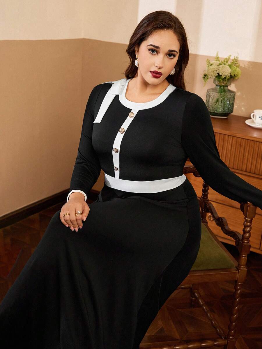 Auvina 大码女式时尚优雅撞色连衣裙 - 黑與白 - 查看 1