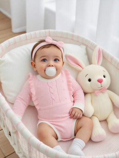 SHEIN 女宝宝可爱撞色荷叶边针织连体衣，柔软舒适，适合日常穿着、外出、旅行、度假、居家、托儿所和宝宝玩耍。女宝宝服装，婴儿针织衫，粉色婴儿服装。