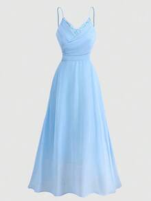 SHEIN Pitira 少女蓝色水晶缎面亮片亮片腰部喇叭形 A 字形摆领派对礼服，优雅正式礼服 - 藍色 - 查看 2