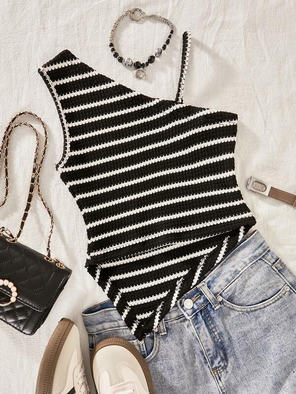 Tween GirlsCasual Personalized Camisole, Black & White Knit Fabric, Asymmetrical Straps & Hem, Suitable For Travel, Vacation, Walking, Outings, Can Be Paired With Pants, Shorts, Skirts, Jackets