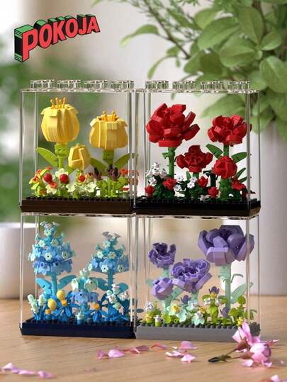 9种类型，1-4英寸创意花朵积木玩具，DIY花朵模型，DIY工艺花束，透明亚克力盒，ABS塑料，花朵积木套装，浪漫风格，形状包括康乃馨、玫瑰、郁金香、风信子、牡丹、向日葵、山茶花、栀子花，可堆叠积木玩具，玩具，礼物，