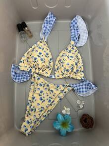 Swim Mod 2pcs Women Vacation Outfit Mod Stylish Cute Sexy Beach Party Plaid & Floral Random Print Ruffle Adjustable Strap Backless Triangle Top And Ruffle Cute Bikini Bottoms Set - Multicolor - View 5