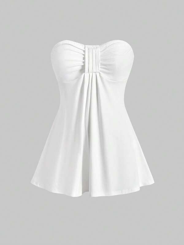 ROMWE Goth 纯色褶皱时尚Y2K性感修身抹胸上衣