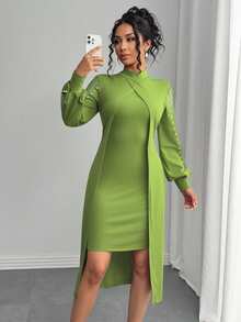 SHEIN Clasi 女士优雅圆领网纱拼接泡泡装饰长袖连衣裙长裙套装 - 橄欖綠 - 查看 6