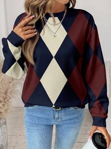 SHEIN LUNE 休闲简约格纹菱形印花图案圆领宽松女式卫衣 - 彩色 - 查看 4