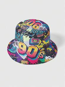 ROMWE Kawaii 男女通用时尚复古 90 年代 80 年代图案双面渔夫帽，复古街头休闲渔夫帽 - A - 查看 12