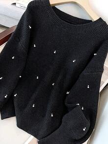 GlowEve CURVE 女士优雅宽松珠饰长袖加大码毛衣，适合婚礼宾客，女士夜间外出装，秋冬季 - 黑色 - 查看 5