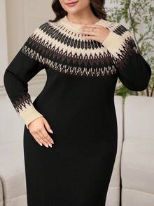 Modelyn Plus Size Casual Geometric Pattern Knit Dress, Autumn/Winter - Black - View 6