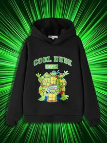 TEENAGE MUTANT NINJA TURTLES | SHEIN 青少年男孩休闲图案印花连帽运动衫，秋冬 - 黑色 - 查看 1