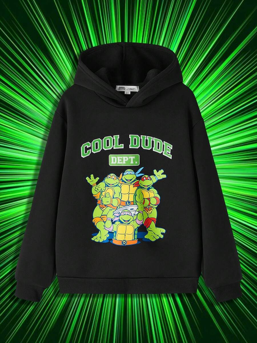 TEENAGE MUTANT NINJA TURTLES | SHEIN 青少年男孩休闲图案印花连帽运动衫，秋冬 - 黑色 - 查看 1