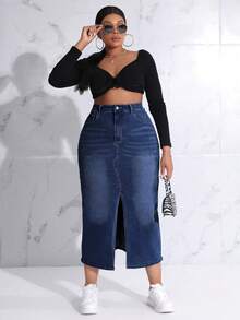 SHEIN SXY Plus Size Nút Thắt Lưng Chia Bodycon Váy Denim Có Túi, Thường Ngày & Thời Trang Để Mặc Hàng Ngày - Rửa tối - Xem 5