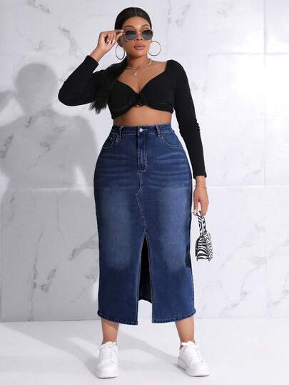 SHEIN SXY Plus Size Button Waist Band Split Bodycon Denim Skirt With Pocket, Casual & Fashionable For Daily Wear