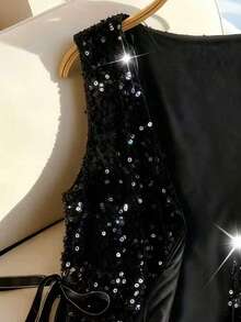 GlowEve Elegant Sleeveless Sequin Ribbon Top For Women, Spring/Autumn