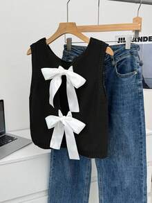 Elamini Casual Versatile Bowknot Knitted Vest - Black - View 3