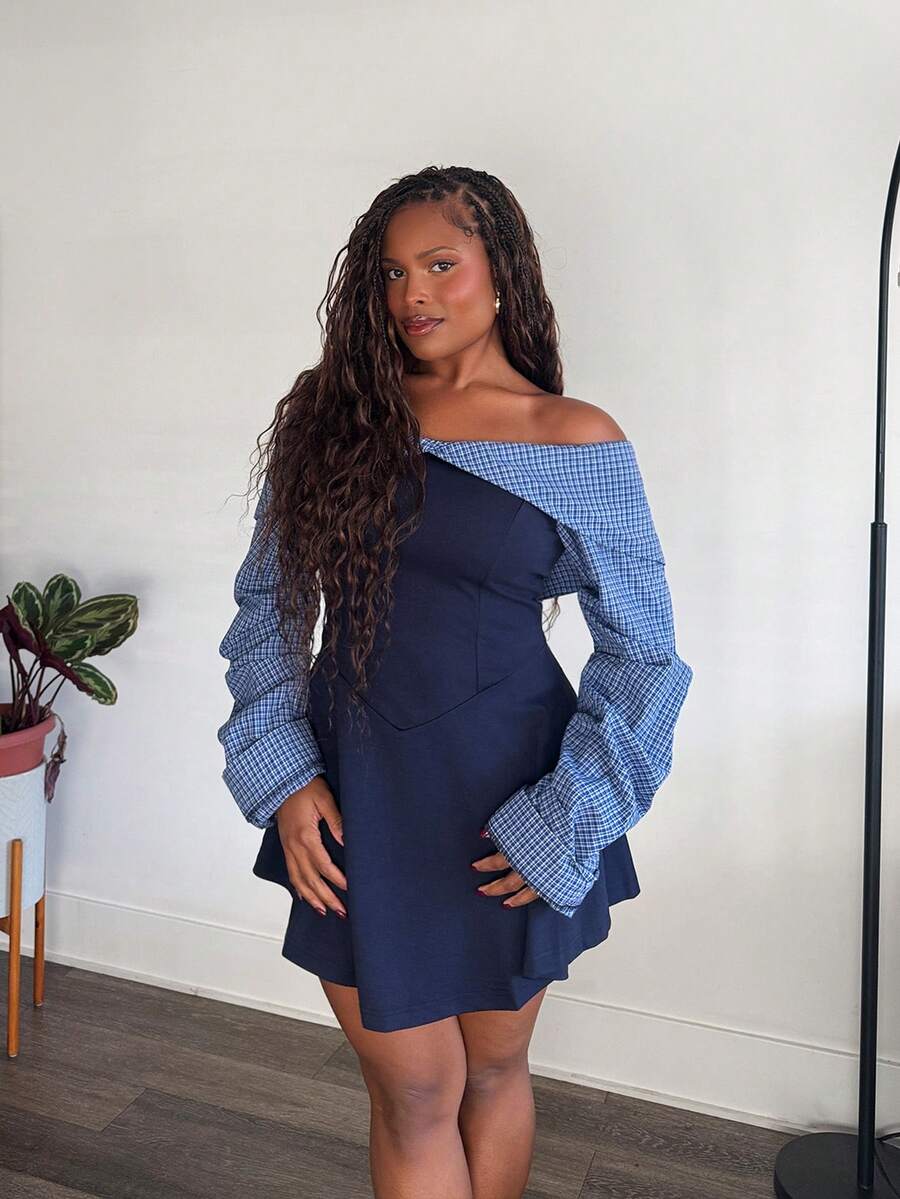 Tyla Gomez Women's Autumn/Winter College Style Minimalist Sexy Off Shoulder Color Block Waist Fitted Short Mini Dress - Navy Blue - View 1