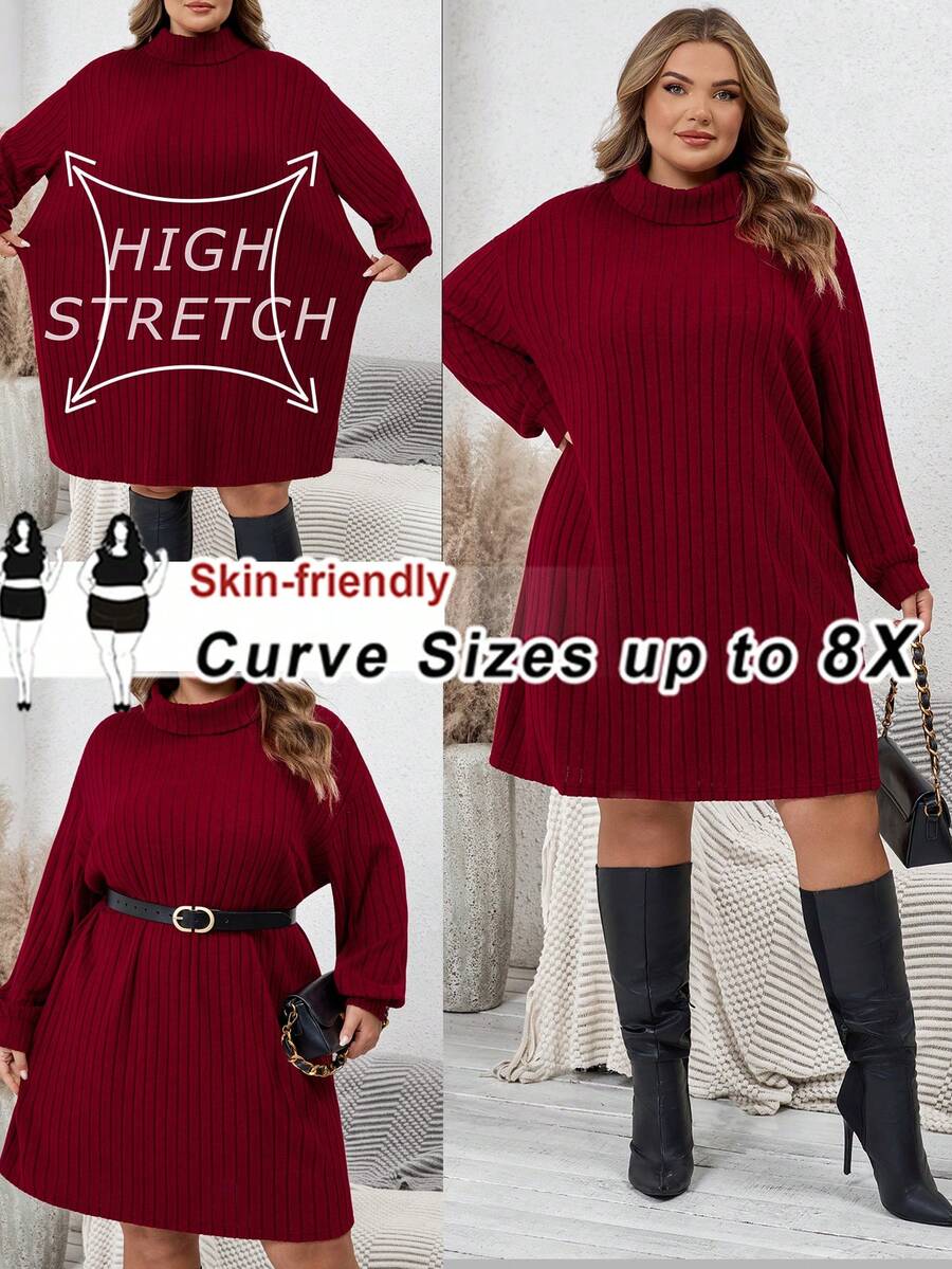 SHEIN CURVE+ 大码休闲简约高领罗纹拉绒红色毛衣裙，适合休闲装和圣诞节 - 酒紅色 - 查看 1