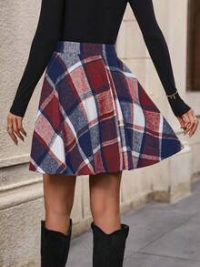 SHEIN LUNE Plaid Print Random Cut Casual Versatile Skirt - Burgundy - View 2