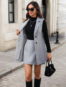 Editum Bộ 2 món áo khoác blazer cổ bẻ thắt eo thanh lịch dành cho nữ, thích hợp mặc hàng ngày và nhiều dịp khác nhau, Thu/Đông - Xám - Xem 6
