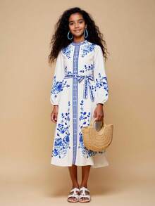 Travachic KIDS Tween Girl Cute & Elegant Blue & White Floral Print Long Sleeve Dress - Multicolor - View 4