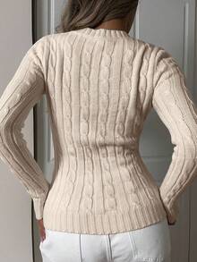 SHEIN EZwear Sweater V-Neck Hitam Ukuran Besar dengan Logo Kasual untuk Musim Gugur/Dingin - Aprikot - View 2