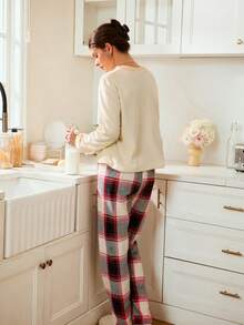 Lazeform Women's Flannel Plaid Top & Pants Fluffy Pajama Set, Cozy Winter Clothes - Apricot - View 3