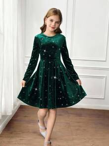SHEIN Tween Girl Elegant Dark Green Velvet Dress,Autumn Winter Long Sleeve Hot Diamond Star Backless Bow A-Line Princess Dress For Party & Birthday - Green - View 2