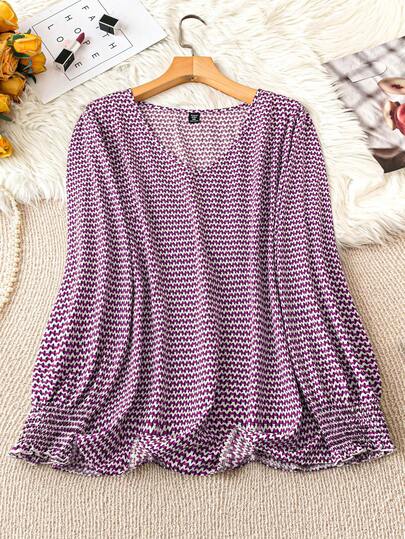 SHEIN CURVE+ 大码女式V领长袖衬衫，百搭显瘦，适合日常、通勤、休闲穿着，秋季必备