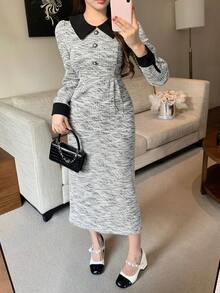 DAZY Váy dài vừa phải cổ bẻ phối màu thanh lịch dành cho nữ, mùa thu - Xám - Xem 9