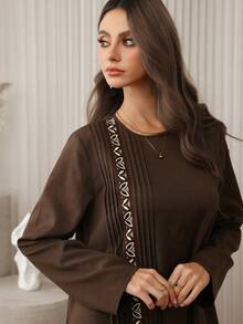 Al Najma Women's Vintage Casual Daily Wear Round Neck Long Sleeve Maxi Arabian Dress - Brown - View 1