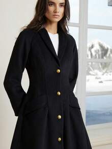 GENKIRA French Elegant High-End Apple Collar Cinched Waist Comfortable A-Line Long Overcoat For Women - Black - View 5