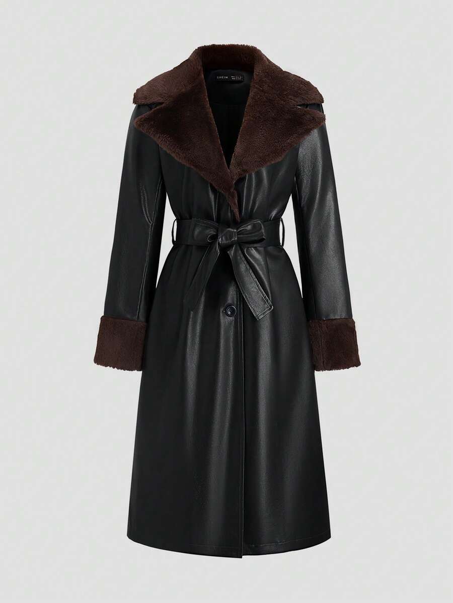SHEIN Unity 女士时尚街头风拼接仿毛皮尖领系带长款PU皮风衣，秋冬款 - 彩色 - 查看 1