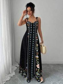 Rafferiza 女士宽松印花吊带连衣裙，度假沙滩装 - 黑色 - 查看 3