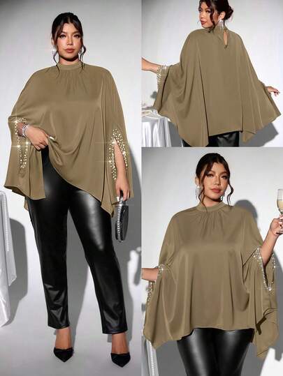 Firerie بلوزة بأكمام خفيفة على شكل بونشو مع تطريز من اللؤلؤ والترتر، قميص نسائي أنيق مقاس كبير مناسب لعيد الحب، الحفلات، المناسبات الرسمية، الذهاب إلى العمل، العودة إلى المدرسة، المناسبات الرومانسية، ارتداء المكتب، بتصميم أنثوي، حفلة عيد الميلاد