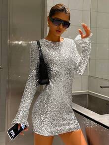 Livesso Shiny Sequin Silver New Year Christmas Wedding Party Banquet Formal Dress, Fashion Party Flare Sleeve Split Hem Mini Dress For Women Carnival - Silver - View 3