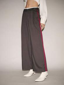 Lumivelle 条纹印花口袋褶裥休闲女裤 - 灰色 - 查看 4