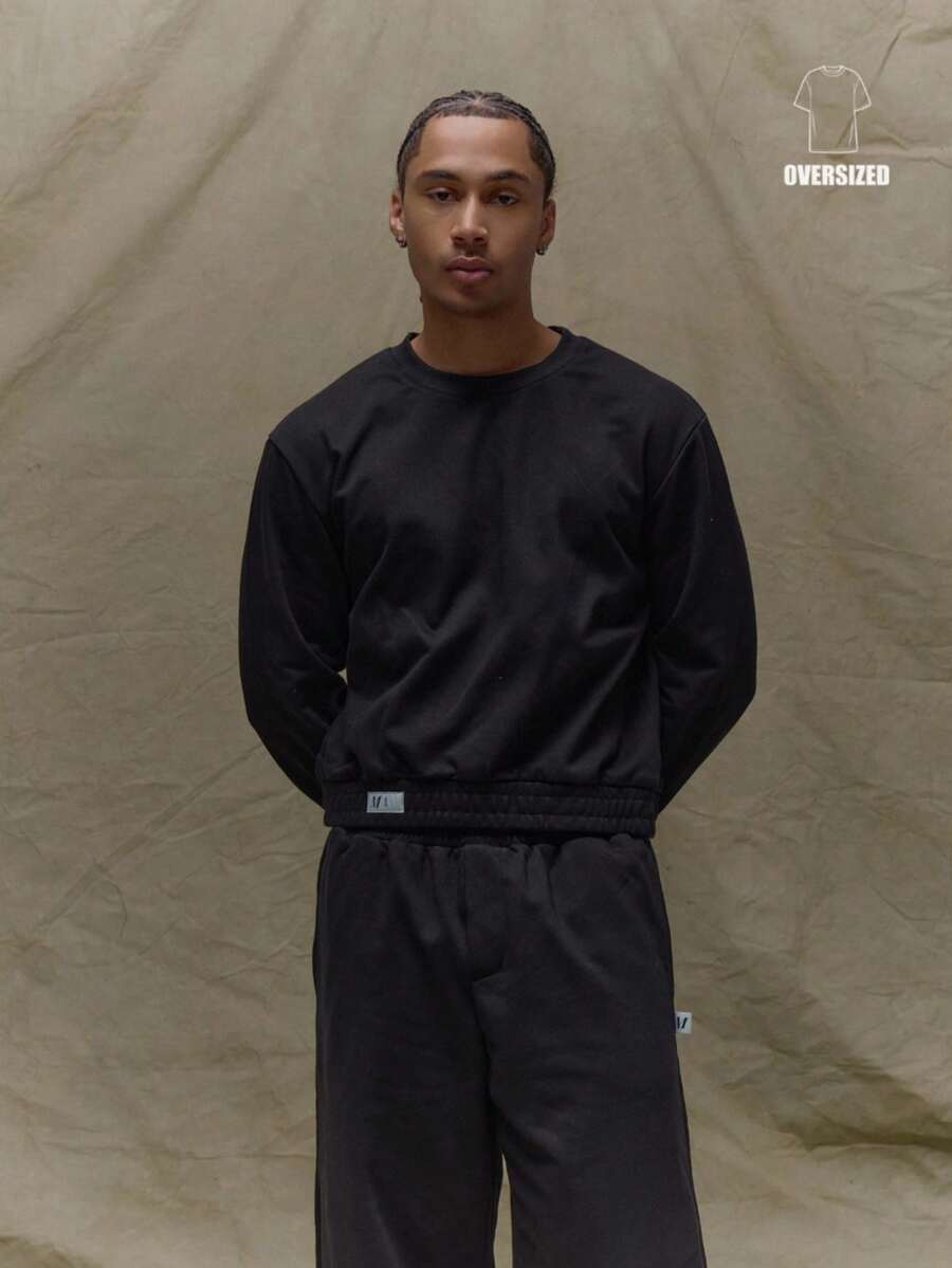 Musero Oversized Boxy Fit Premium Crewneck Sweatshirt Branded Tag Detailing Top Fall SPRING SUMMER - Black - View 1