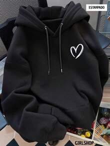 Sudadera con capucha para mujer estilo casual estampado de corazón minimalista holgada cuello redondo manga larga otoño invierno uso diario hoodie - Negro - Ver 1
