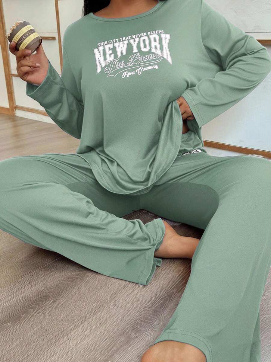 SHEIN Bộ đồ ngủ mùa đông cỡ lớn in chữ, tay dài và quần dài, thích hợp mặc nhà. - màu xanh lá - Xem 1