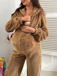SHEIN Maternity Solid Color Fleece Hooded Jumpsuit, Autumn/Winter - Brown - View 7