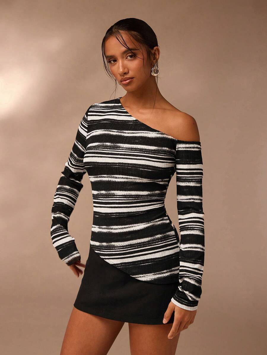 Glamine Top tricotat la modă cu dungi albe și negre pentru femei