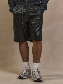 Musero Pantalones cortos básicos de piel sintética con pierna recta y cordón elástico, para primavera y verano - Negro - Ver 2