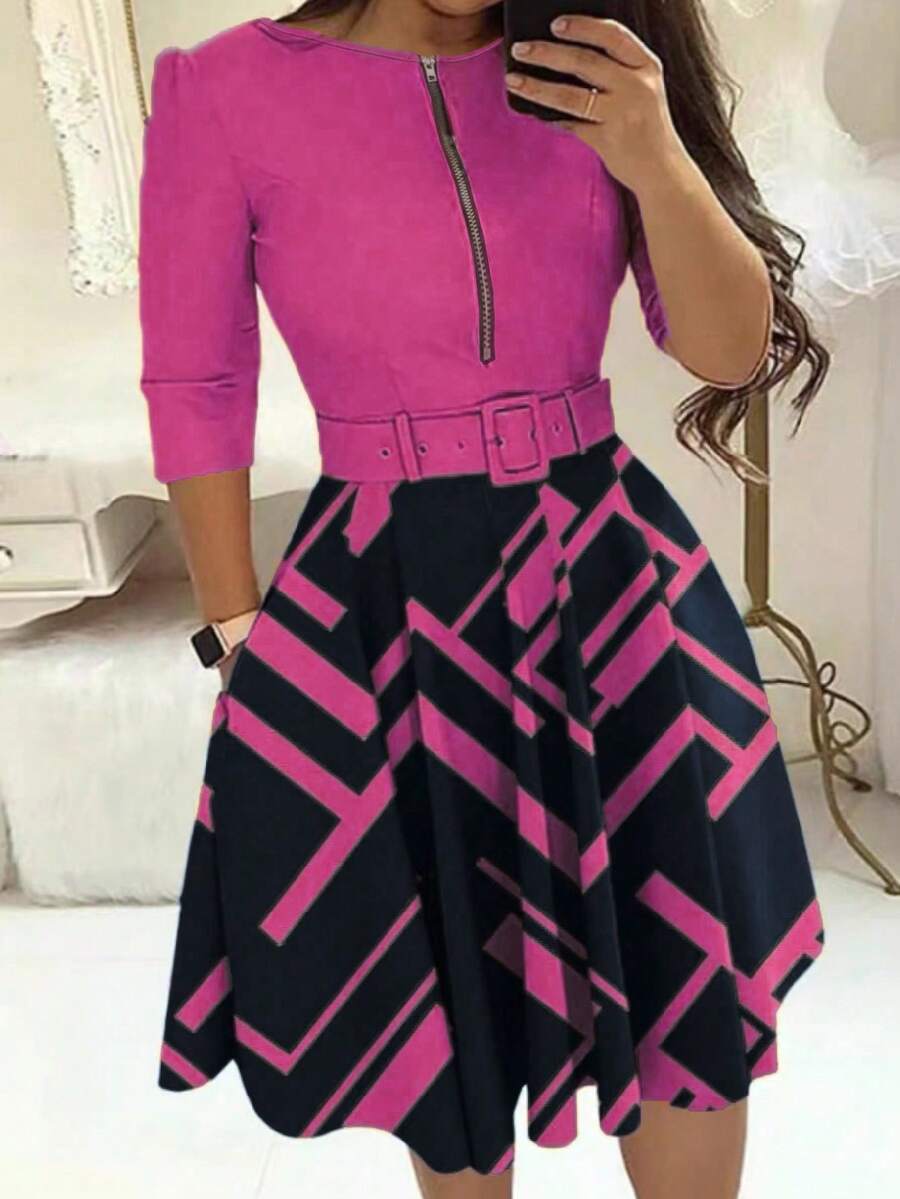 SHEIN Clasi Đầm midi cổ thuyền xẻ tà nửa thân dành cho nữ, thanh lịch và thời trang - Màu Hồng Tươi - Xem 1