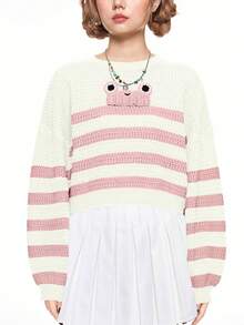 ROMWE Kawaii Casual Frog Striped Cute Women Pullover Sweater