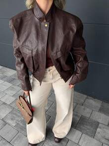 Jeta Ari Women's Solid Color Long Sleeve Zip-Up Casual Loose PU Leather Jacket, Autumn,Women's Leather Jacket,Women's Winter Jacket,Chic Women's Jacket,Cropped Jacket,Brown Jacket - Coffee Brown - View 3