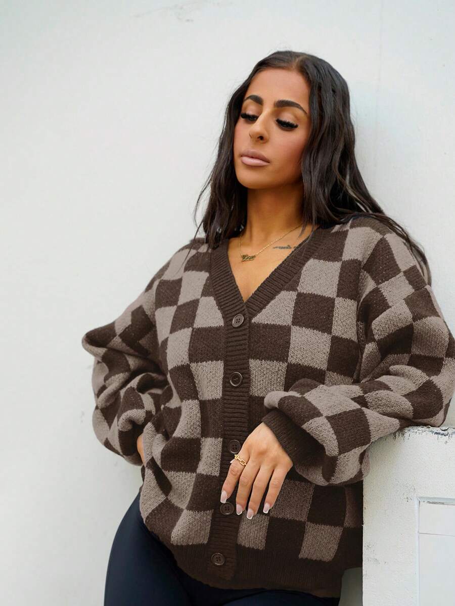 SAYEHFBABY Checkerboard Pattern Knit Cardigan Sweater For Women,Long Sleeve Tops,Fall Clothes Plaid